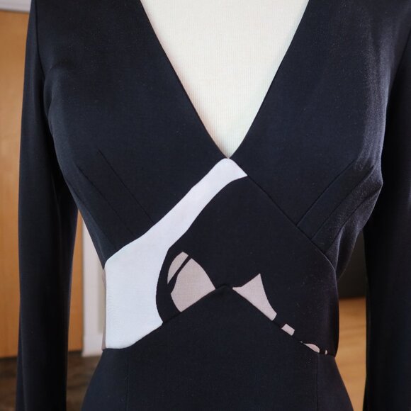 $425 ISSA London dress size US 6 black with beige abstract print 100% silk flare - Picture 5 of 14